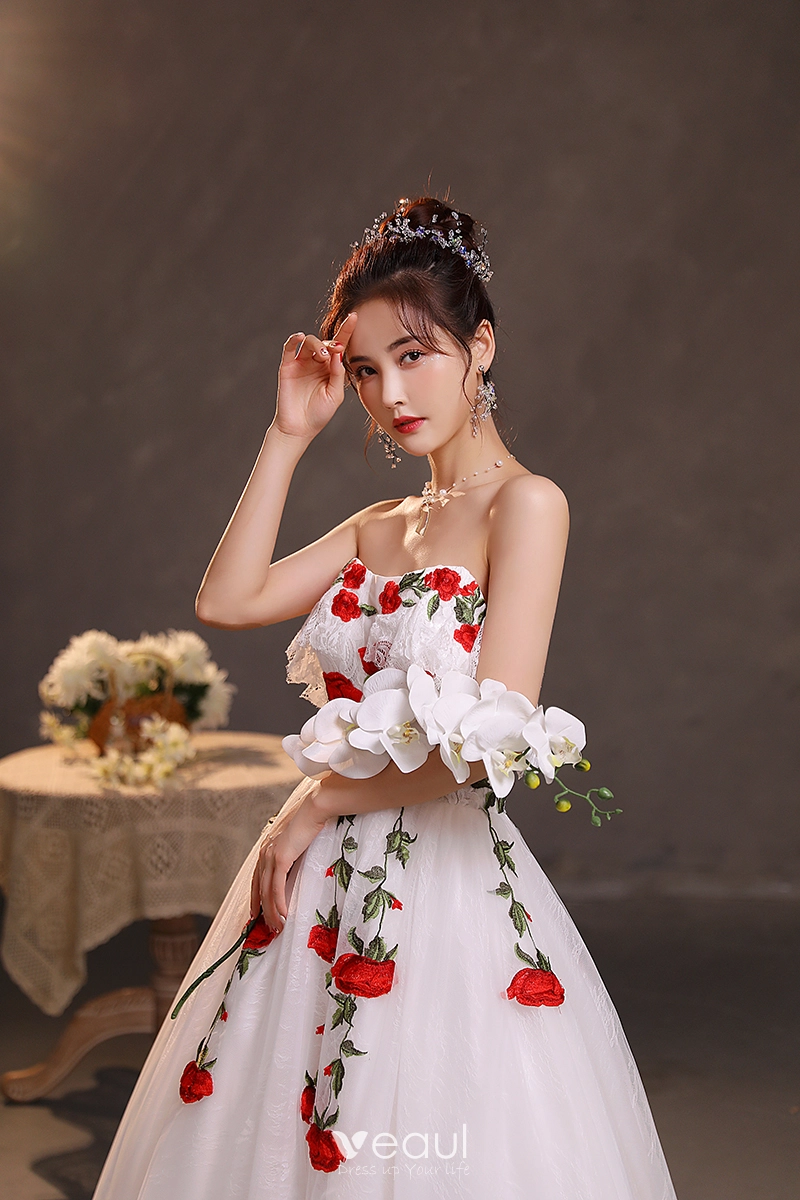 Japanese Kimono Dress Modern Japanese Style Prom Dress Vestido De Novia  Prom Dress White Gown With Red Roses Princess Prom Dress Long Puffy Sleeves,