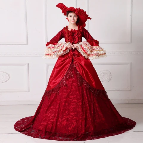 Vintage Medieval Rojo Ball Gown Vestidos de gala 2021 Escote Cuadrado Manga Larga Encaje 3D Flor Lentejuelas Colas De La Corte Cosplay Gala Vestidos Formales