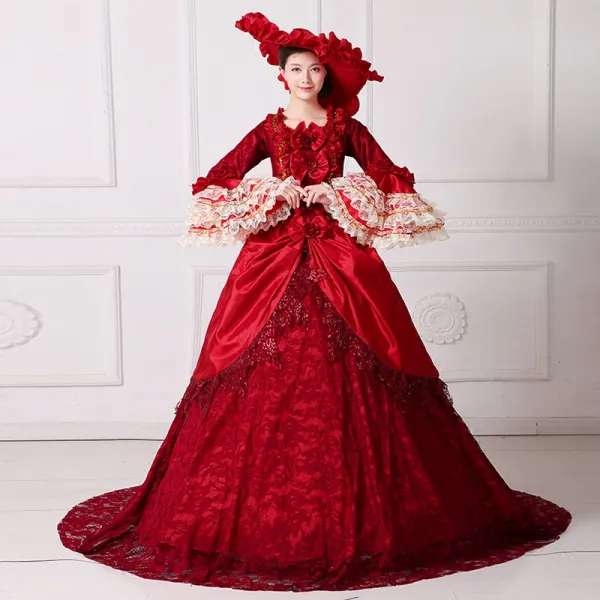 Vintage / Retro Medieval Red Ball Gown Prom Dresses 2021 Square Neckline Long Sleeve 3D Lace Flower Sequins Court Train Cosplay Prom Formal Dresses