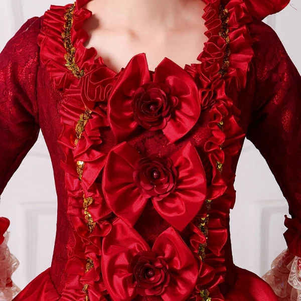 Vintage / Retro Medieval Red Ball Gown Prom Dresses 2021 Square Neckline Long Sleeve 3D Lace Flower Sequins Court Train Cosplay Prom Formal Dresses