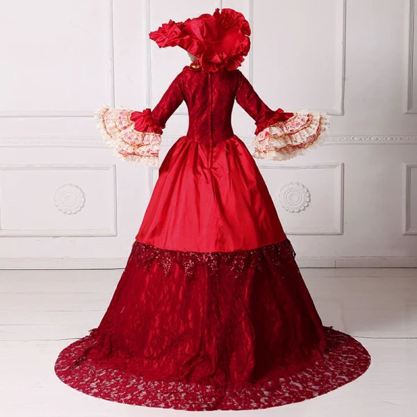 Vintage / Retro Medieval Red Ball Gown Prom Dresses 2021 Square Neckline Long Sleeve 3D Lace Flower Sequins Court Train Cosplay Prom Formal Dresses