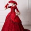 Vintage / Retro Medieval Red Ball Gown Prom Dresses 2021 Square Neckline Long Sleeve 3D Lace Flower Sequins Court Train Cosplay Prom Formal Dresses