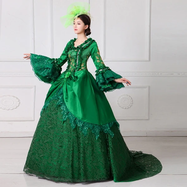 Vintage / Retro Medieval Red Ball Gown Prom Dresses 2021 Square Neckline Long Sleeve 3D Lace Flower Sequins Court Train Cosplay Prom Formal Dresses