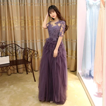 Modern Fashion Grape Evening Dresses 2017 A Line Princess Pleated Floor Length Long Scoop Neck 1 2 Sleeves Lace Appliques Sash Pierced Formal Dresses