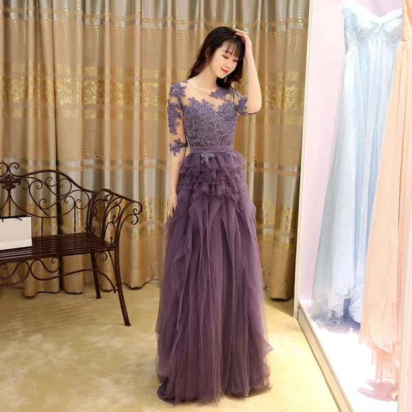 Modern / Fashion Grape Evening Dresses  2017 A-Line / Princess Pleated Floor-Length / Long Scoop Neck 1/2 Sleeves Lace Appliques Sash Pierced Formal Dresses