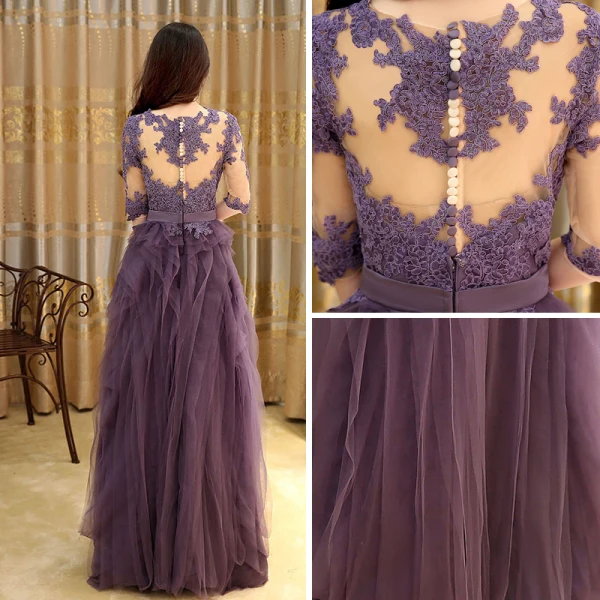 Modern / Fashion Grape Evening Dresses  2017 A-Line / Princess Pleated Floor-Length / Long Scoop Neck 1/2 Sleeves Lace Appliques Sash Pierced Formal Dresses