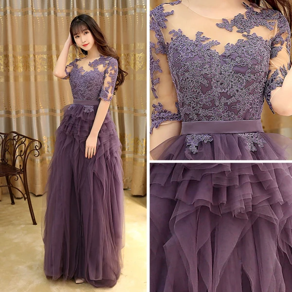 Modern / Fashion Grape Evening Dresses  2017 A-Line / Princess Pleated Floor-Length / Long Scoop Neck 1/2 Sleeves Lace Appliques Sash Pierced Formal Dresses