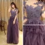 Modern / Fashion Grape Evening Dresses  2017 A-Line / Princess Pleated Floor-Length / Long Scoop Neck 1/2 Sleeves Lace Appliques Sash Pierced Formal Dresses