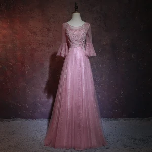Élégant Rose Bonbon Percé Robe De Soirée 2018 Princesse Encolure Dégagée Manches Longues Appliques En Dentelle Perlage Faux Diamant Longue Volants Dos Nu Robe De Ceremonie