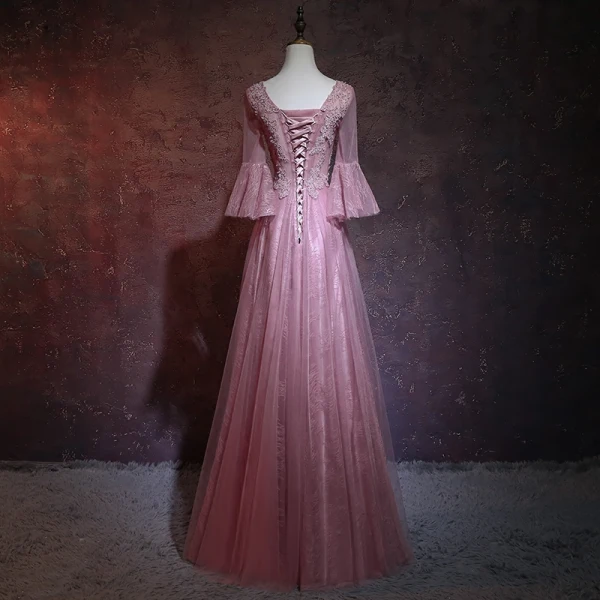 Elegant Candy Pink Pierced Evening Dresses 2018 A-Line / Princess Scoop Neck Long Sleeve Appliques Lace Beading Rhinestone Floor-Length / Long Ruffle Backless Formal Dresses