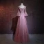 Elegant Candy Pink Pierced Evening Dresses  2018 A-Line / Princess Scoop Neck Long Sleeve Appliques Lace Beading Rhinestone Floor-Length / Long Ruffle Backless Formal Dresses