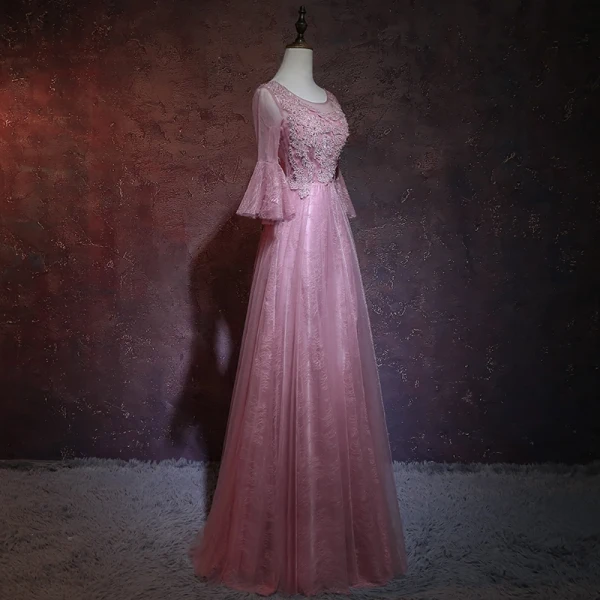 Elegant Candy Pink Pierced Evening Dresses 2018 A-Line / Princess Scoop Neck Long Sleeve Appliques Lace Beading Rhinestone Floor-Length / Long Ruffle Backless Formal Dresses