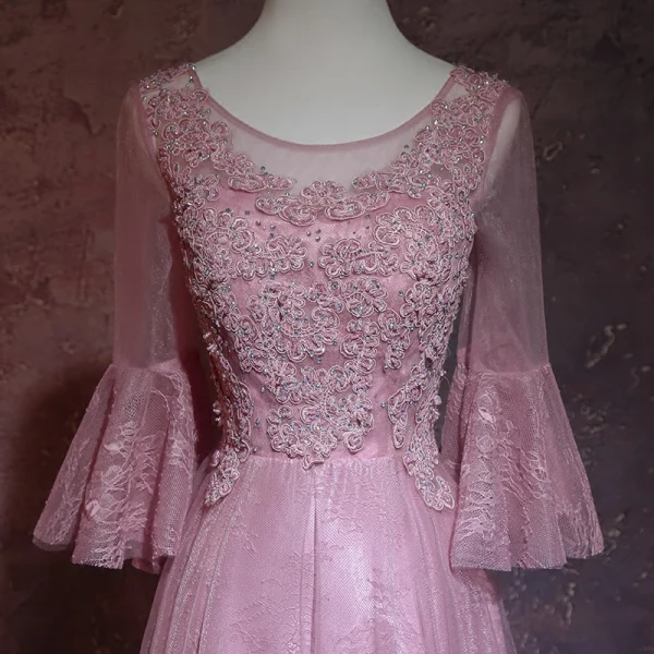 Elegant Candy Pink Pierced Evening Dresses 2018 A-Line / Princess Scoop Neck Long Sleeve Appliques Lace Beading Rhinestone Floor-Length / Long Ruffle Backless Formal Dresses