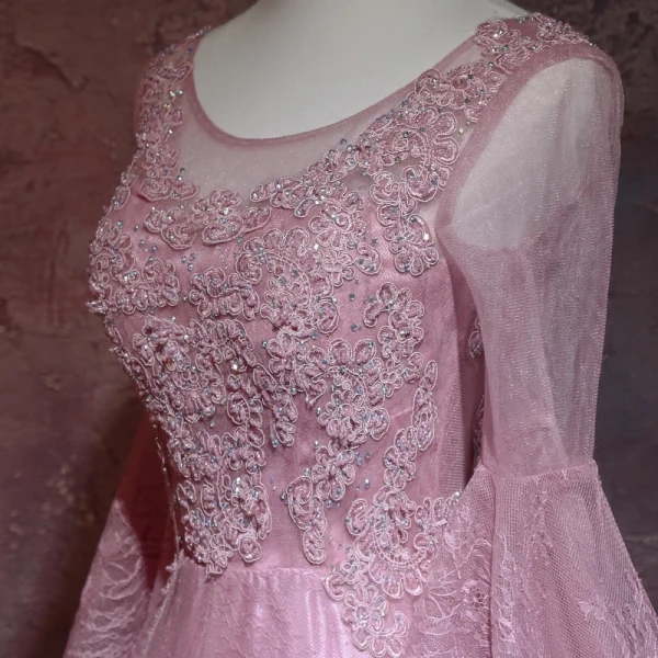 Elegant Candy Pink Pierced Evening Dresses 2018 A-Line / Princess Scoop Neck Long Sleeve Appliques Lace Beading Rhinestone Floor-Length / Long Ruffle Backless Formal Dresses