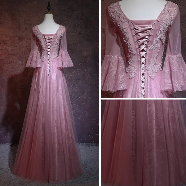 Elegant Candy Pink Pierced Evening Dresses 2018 A-Line / Princess Scoop Neck Long Sleeve Appliques Lace Beading Rhinestone Floor-Length / Long Ruffle Backless Formal Dresses