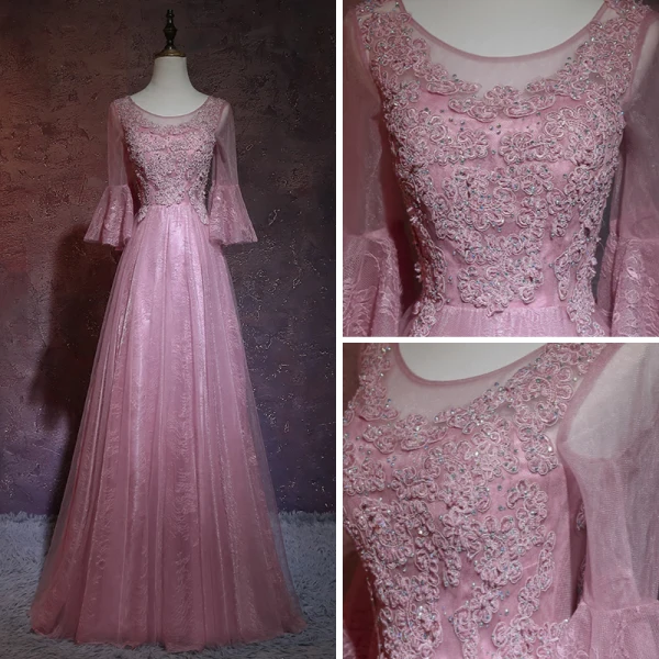 Elegant Candy Pink Pierced Evening Dresses 2018 A-Line / Princess Scoop Neck Long Sleeve Appliques Lace Beading Rhinestone Floor-Length / Long Ruffle Backless Formal Dresses