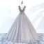 Charming Grey Prom Dresses 2018 Ball Gown V-Neck Sleeveless Appliques Lace Beading Floor-Length / Long Ruffle Backless Formal Dresses