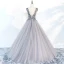 Charming Grey Prom Dresses 2018 Ball Gown V-Neck Sleeveless Appliques Lace Beading Floor-Length / Long Ruffle Backless Formal Dresses