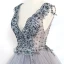 Charming Grey Prom Dresses 2018 Ball Gown V-Neck Sleeveless Appliques Lace Beading Floor-Length / Long Ruffle Backless Formal Dresses