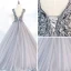 Charming Grey Prom Dresses 2018 Ball Gown V-Neck Sleeveless Appliques Lace Beading Floor-Length / Long Ruffle Backless Formal Dresses