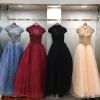 Vintage / Retro Prom Dresses 2018 Ball Gown High Neck Cap Sleeves Beading Floor-Length / Long Ruffle Backless Formal Dresses
