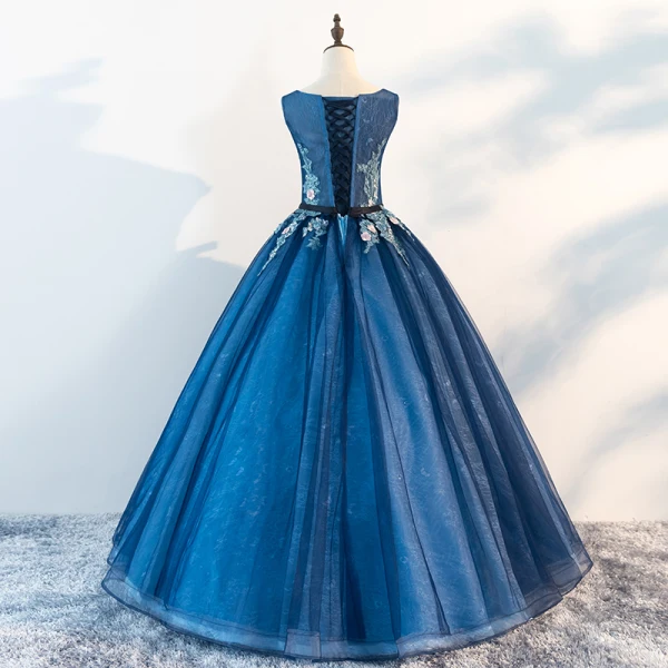 Chic / Beautiful Ocean Blue Prom Dresses 2018 Ball Gown Scoop Neck Sleeveless Appliques Flower Beading Pearl Sash Floor-Length / Long Ruffle Formal Dresses