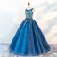 Chic / Beautiful Ocean Blue Prom Dresses 2018 Ball Gown Scoop Neck Sleeveless Appliques Flower Beading Pearl Sash Floor-Length / Long Ruffle Formal Dresses