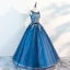 Chic / Beautiful Ocean Blue Prom Dresses 2018 Ball Gown Scoop Neck Sleeveless Appliques Flower Beading Pearl Sash Floor-Length / Long Ruffle Formal Dresses