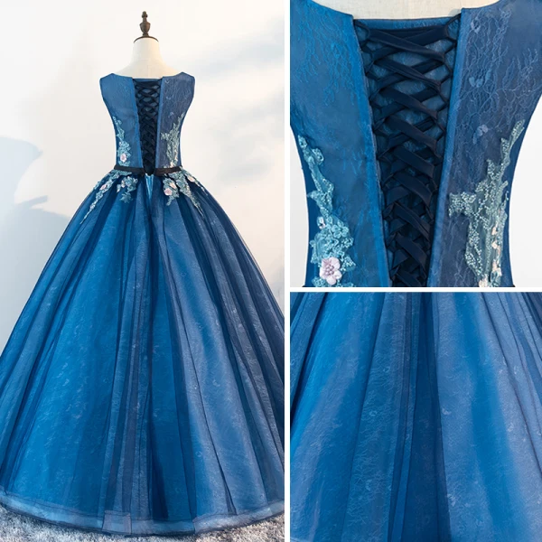 Chic / Beautiful Ocean Blue Prom Dresses 2018 Ball Gown Scoop Neck Sleeveless Appliques Flower Beading Pearl Sash Floor-Length / Long Ruffle Formal Dresses