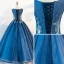 Chic / Beautiful Ocean Blue Prom Dresses 2018 Ball Gown Scoop Neck Sleeveless Appliques Flower Beading Pearl Sash Floor-Length / Long Ruffle Formal Dresses