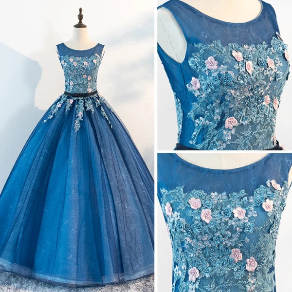 Chic / Beautiful Ocean Blue Prom Dresses 2018 Ball Gown Scoop Neck Sleeveless Appliques Flower Beading Pearl Sash Floor-Length / Long Ruffle Formal Dresses