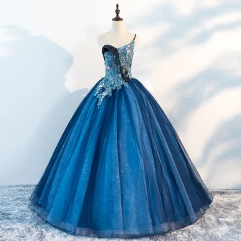 Unique Océan Bleu Robe De Bal 2018 Robe Boule Une Épaule Sans Manches Appliques Fleur Perlage Perle Longue Volants Dos Nu Robe De Ceremonie