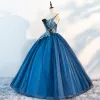 Amazing / Unique Ocean Blue Prom Dresses 2018 Ball Gown One-Shoulder Sleeveless Appliques Flower Beading Pearl Floor-Length / Long Ruffle Backless Formal Dresses