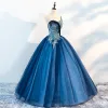 Amazing / Unique Ocean Blue Prom Dresses 2018 Ball Gown One-Shoulder Sleeveless Appliques Flower Beading Pearl Floor-Length / Long Ruffle Backless Formal Dresses