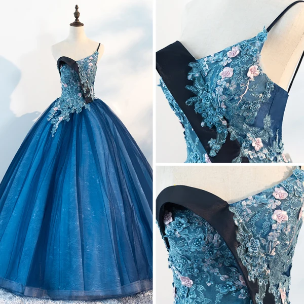 Unika Ocean Blå Balklänningar 2018 Balklänning Jedno Ramię Ärmlös Appliqués Blomma Beading Pärla Långa Ruffle Halterneck Formella Klänningar
