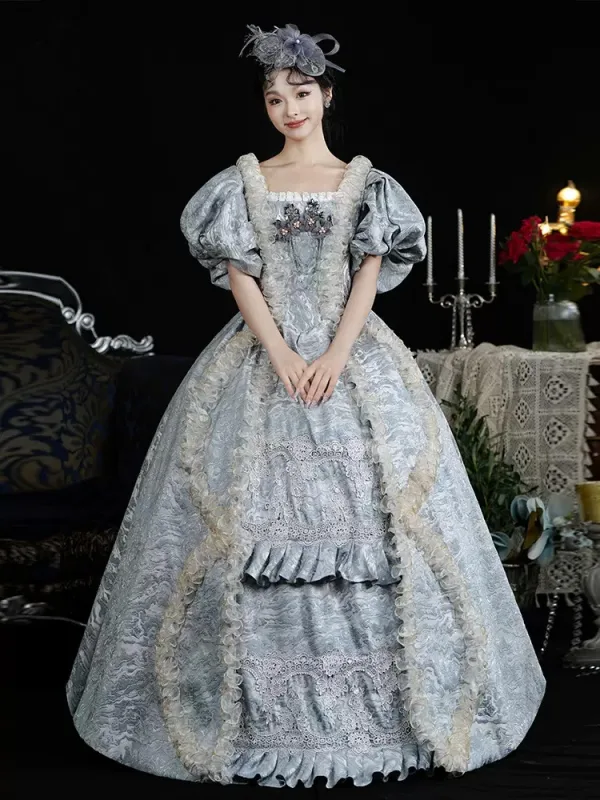 Vintage / Retro Medieval Sky Blue Pearl Flower Prom Dresses 2024 Floor-Length / Long Lace U-Neck A-Line / Princess Ball Gown Cosplay Prom Formal Dresses