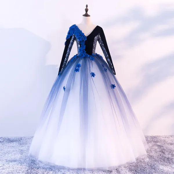 Vintage / Retro Quinceañera Black Royal Blue White Prom Dresses 2018 Ball Gown V-Neck Long Sleeve Appliques Flower Beading Floor-Length / Long Ruffle Backless Formal Dresses
