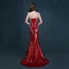Sparkly Red Sequins Evening Dresses  2017 Trumpet / Mermaid Sweep Train V-Neck Sleeveless Backless Rhinestone Pierced Formal Dresses