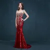 Sparkly Red Sequins Evening Dresses  2017 Trumpet / Mermaid Sweep Train V-Neck Sleeveless Backless Rhinestone Pierced Formal Dresses