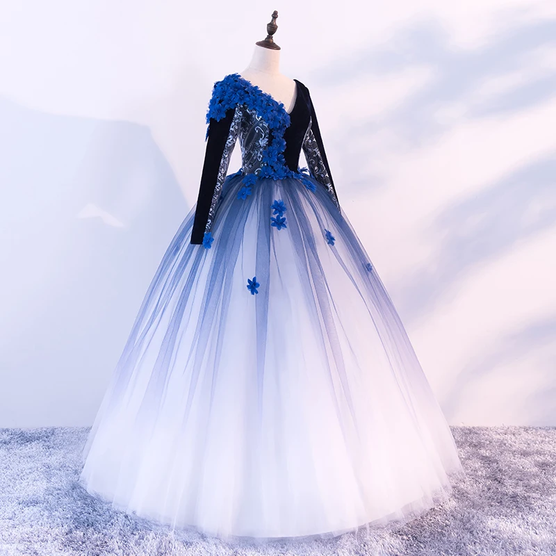 Vintage Retro Quinceañera Black Royal Blue White Prom Dresses 2018 Ball Gown V-Neck Long
