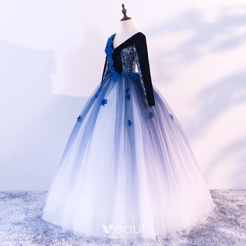 Vintage / Retro Quinceaera Black Royal Blue White Prom Dresses 2018 Ball  Gown V-Neck Long Sleeve Appliques Flower Beading Floor-Length / Long Ruffle  Backless Formal Dresses