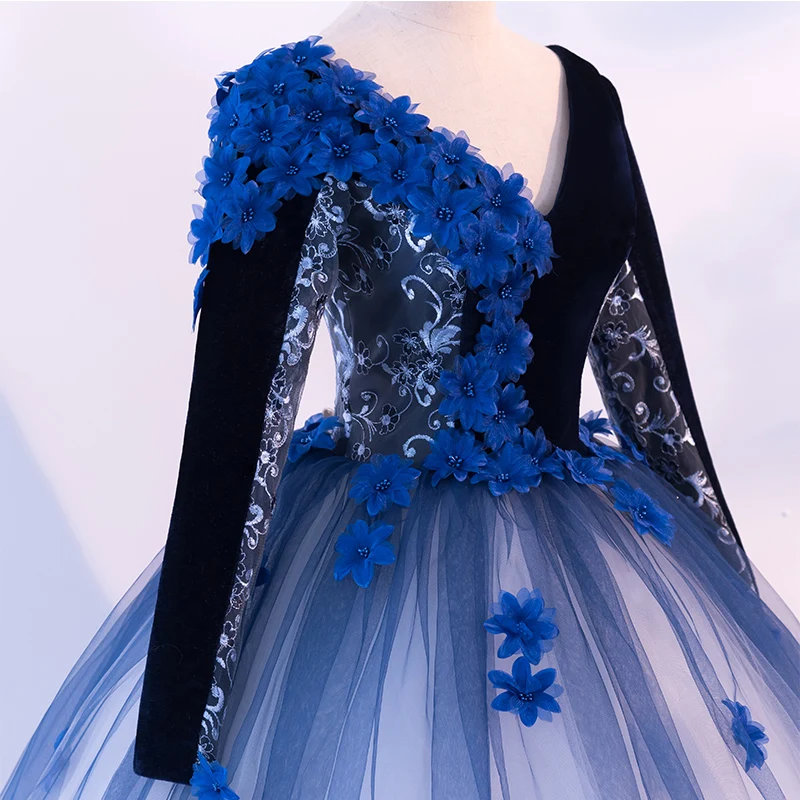 blue dress for baby girl Dark Blue V Neck Satin Lace Long Prom Dress, Dark Blue Lace Long Evening Dress US 2 / Dark Blue main image 1