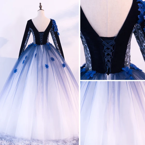 Vintage / Retro Quinceañera Black Royal Blue White Prom Dresses 2018 Ball Gown V-Neck Long Sleeve Appliques Flower Beading Floor-Length / Long Ruffle Backless Formal Dresses