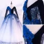 Vintage / Retro Quinceañera Black Royal Blue White Prom Dresses 2018 Ball Gown V-Neck Long Sleeve Appliques Flower Beading Floor-Length / Long Ruffle Backless Formal Dresses