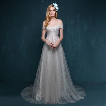 Simple Gris Robe De Soirée 2017 Princesse Chapel Train De L Épaule Manches Courtes Dos Nu Bretelles Croisées Dentelle Robe De Ceremonie