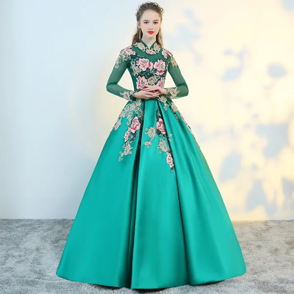 Chinese style Green See-through Prom Dresses 2018 Ball Gown High Neck Long Sleeve Embroidered Pearl Floor-Length / Long Ruffle Backless Formal Dresses