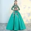 Chinese style Green See-through Prom Dresses 2018 Ball Gown High Neck Long Sleeve Embroidered Pearl Floor-Length / Long Ruffle Backless Formal Dresses