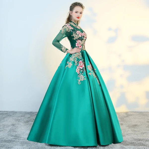 Chinese style Green See-through Prom Dresses 2018 Ball Gown High Neck Long Sleeve Embroidered Pearl Floor-Length / Long Ruffle Backless Formal Dresses