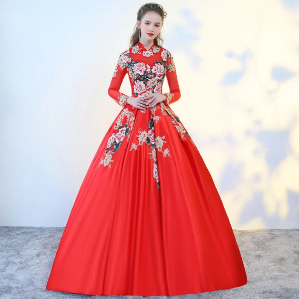 Chinese style Green See-through Prom Dresses 2018 Ball Gown High Neck Long Sleeve Embroidered Pearl Floor-Length / Long Ruffle Backless Formal Dresses