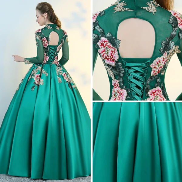 Chinese style Green See-through Prom Dresses 2018 Ball Gown High Neck Long Sleeve Embroidered Pearl Floor-Length / Long Ruffle Backless Formal Dresses